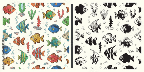 Cute fish cartoon pattern, colorful marine fish illustration set, tropical fish cartoon design, aquarium fish doodle artwork, underwater fish pattern illustration, ocean fish cartoon collection, marin