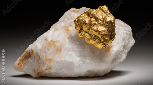 Gold nugget on white quartz specimen in a studio close-up macro shot revealing raw mineral detail under studio light