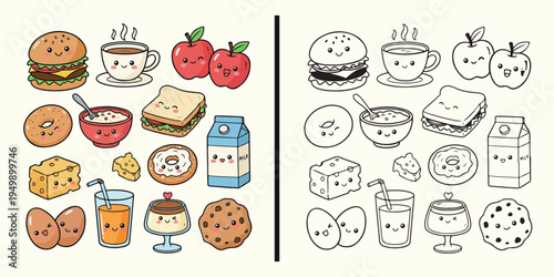 Foto Food doodle illustration collection, cute snack cartoon icons set, hand drawn fo
