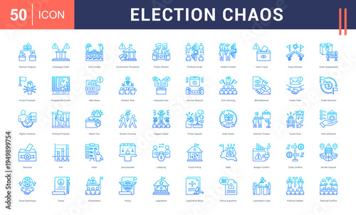 Election Chaos Icon Set. election dispute, campaign clash, civil unrest, government shutdown, public dissent and more. Line Gradient vector icons collection.