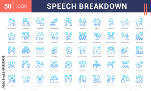 Speech Breakdown Icon Set. angry conversation, disagreement, verbal abuse, interrupted speech, complaining and more. Line Gradient vector icons collection.
