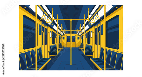 Empty modern subway train interior, yellow seats and blue walls, public transport perspective