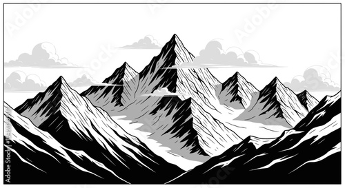 Dramatic black and white mountain range illustration with sharp peaks and clouds