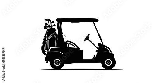 Golf Cart Silhouette with Clubs and Bag on White Background