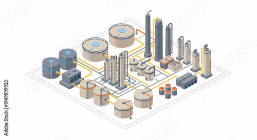 Isometric industrial plant with various structures.