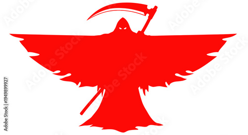 Grim Reaper Silhouette with Scythe and Wings, Red Color, Isolated on White
