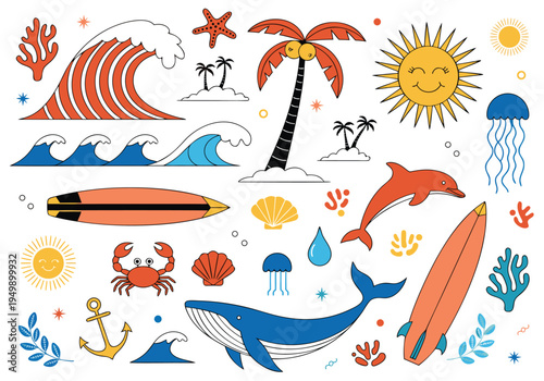 Hand drawn ocean life and beach elements featuring a large whale dolphin crab jellyfish palm trees surfboards and an anchor on a plain background.