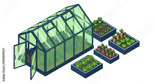 Isometric Greenhouse and Raised Garden Beds with Fresh Vegetables