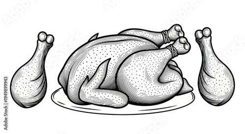 Hand-drawn Whole Roast Chicken with Legs on White Background