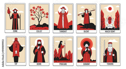Mysterious Tarot Cards with Figures in Red Robes and Unique Lettering