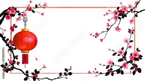 Chinese New Year Celebration Frame with a Red Lantern and Pink Cherry Blossom Flowers
