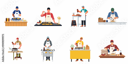 A collection of eight male chefs and street food vendors preparing and serving pancakes at different stalls, isolated on a white background.