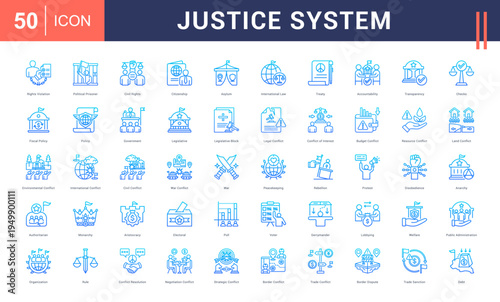 Justice System Icon Set. rights violation, political prisoner, civil rights, citizenship, asylum and more. Line Gradient vector icons collection.