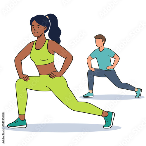 Two people are exercising outdoors with a woman stretching her leg and a man lunging in the background.