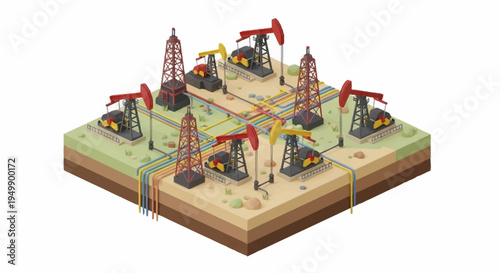 Isometric oil rigs on a landscape.