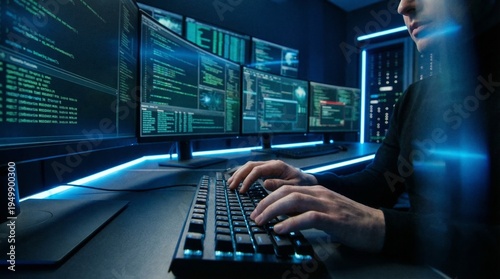 A programmer typing on a keyboard in a dark high-tech workspace with multiple screens displaying code, network maps, and system data. Concept of cybersecurity, hacking, programming, data monitoring.