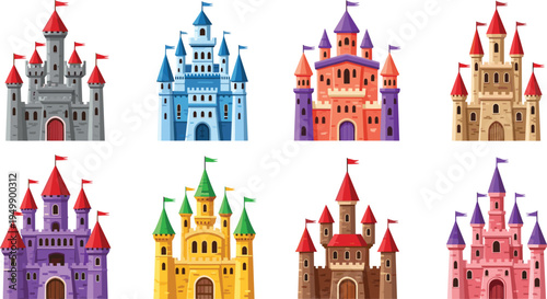 Fairy tale castle collection colorful fantasy medieval castles vector illustration set