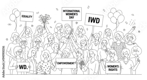 Diverse group of women celebrating International Womens Day with signs and balloons.