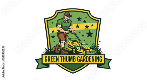 Gardener Mowing Lawn with Green Thumb Gardening Logo.