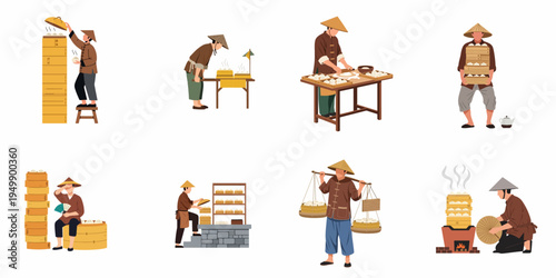 Set of illustrations featuring traditional Asian street food vendors preparing, steaming, and selling baozi buns in bamboo steamer baskets.