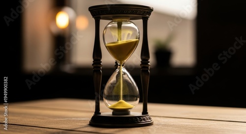 Ancient hourglass on wooden table, symbolic of passing time, moments, and measure measurement, measuring sand clock