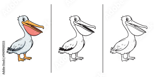 Pelican bird cartoon illustration, cute pelican character drawing, funny sea bird cartoon design, wildlife bird cartoon clipart, adorable pelican mascot artwork, ocean bird cartoon character, kids bir