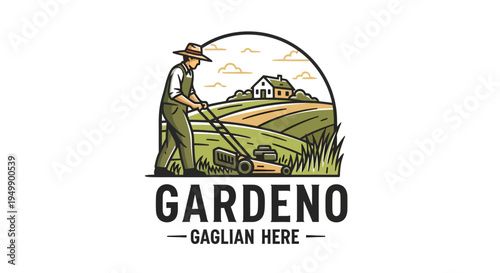 Gardener mowing lawn with push mower in a field.