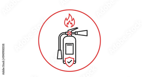 Fire extinguisher icon with flame and shield symbol.