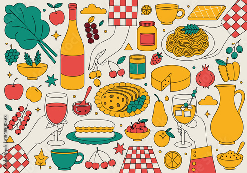 A colorful retro-style illustration featuring various Italian food items including pasta and wine with checkered tablecloth patterns and stylized hands.