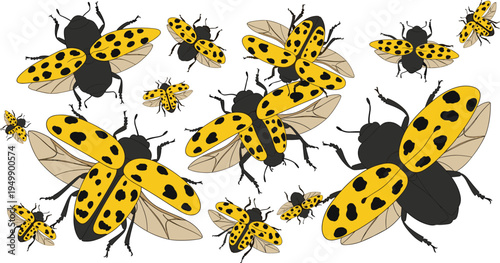 Vibrant Vector Collection of Yellow Spotted Beetles Featuring Various Sizes of Flying Insects for Nature Biology and Garden Pest Illustration Design Projects