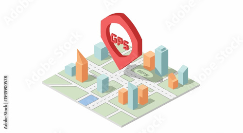 3D isometric city map with GPS location pin.