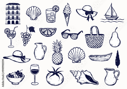 A series of blue ink sketches depicting Mediterranean vacation elements such as sun hats and cocktails and a sailboat on a light textured background.