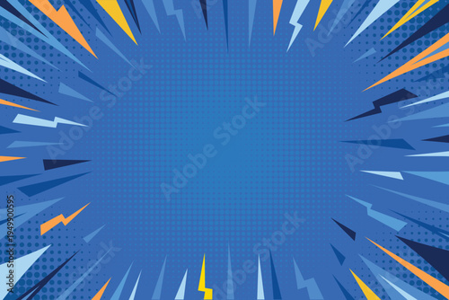 Blue comic background. Pop art comic thunder lightning banner. Superhero sunburst halftone design.