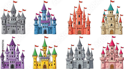 Fantasy castle collection colorful fairy tale medieval castles vector illustration set