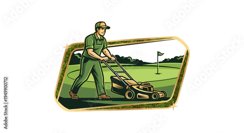 Gardener pushing a lawnmower on a golf course.