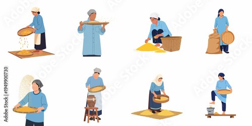 Flat vector illustrations of rural women processing grain by winnowing, sifting, and sorting in traditional poses on a white background.