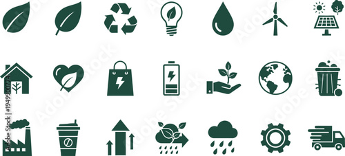 Green energy and sustainability icon set for environmental conservation and eco design with recycle symbol