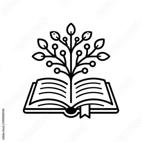 A clean line art vector icon depicting an open book with a growing tree, symbolizing knowledge, digital learning, and the continuous growth of wisdom through technology