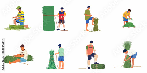 Flat vector illustration of various men bundling and tying long green grass or reeds with rope, representing agricultural work or traditional craft activities.