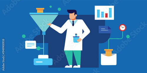 An illustration of a data professional in a white coat managing a data pipeline with a funnel and digital charts on a deep blue backdrop.