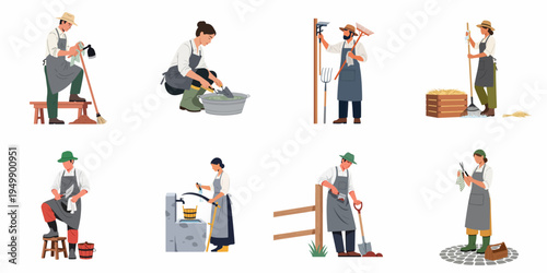 Set of flat illustrations showing male and female farmers cleaning, sharpening, and maintaining various gardening and agricultural tools on a white background.