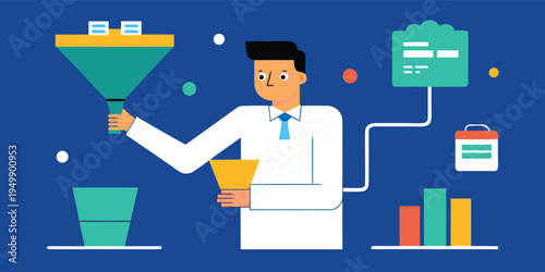 A male scientist wearing a white lab coat processing information through a large teal funnel while standing against a solid blue background.