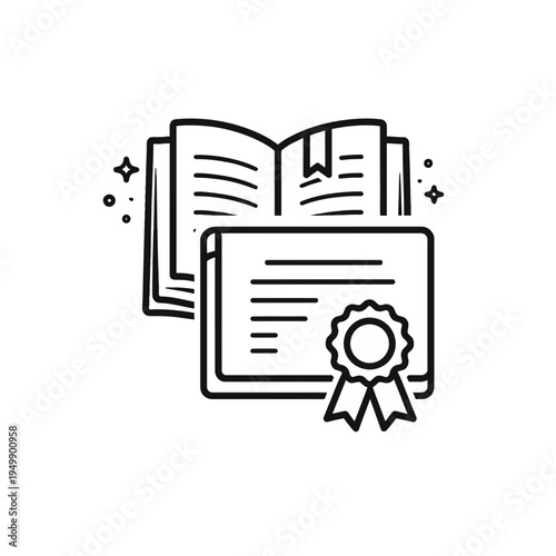 Modern black line art icon illustrating academic excellence, knowledge acquisition, and successful certification, perfect for educational content and learning achievement concepts