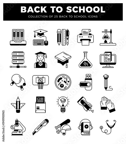 Back to school icon collection with diverse educational and science elements.