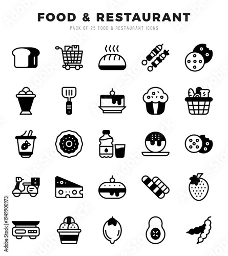 Collection of Food and Restaurant 25 Lineal Filled Icons Pack.