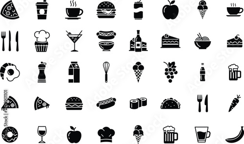 Food and beverage silhouette icon set featuring restaurant meals and snack items with ice cream