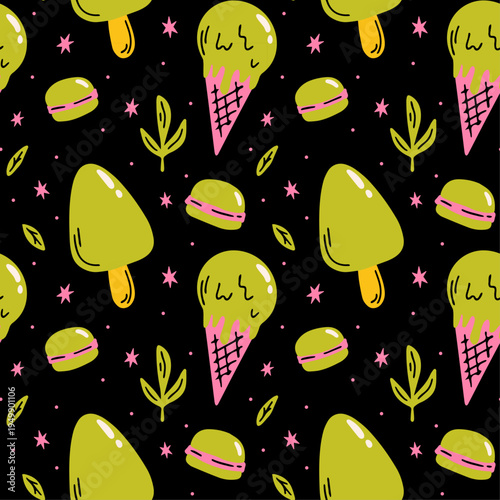 Matcha sweets vector seamless pattern with illustration of japanese tea, matcha ice cream, desserts for shop, restaurant, kawaii cafe menu design, food blog background