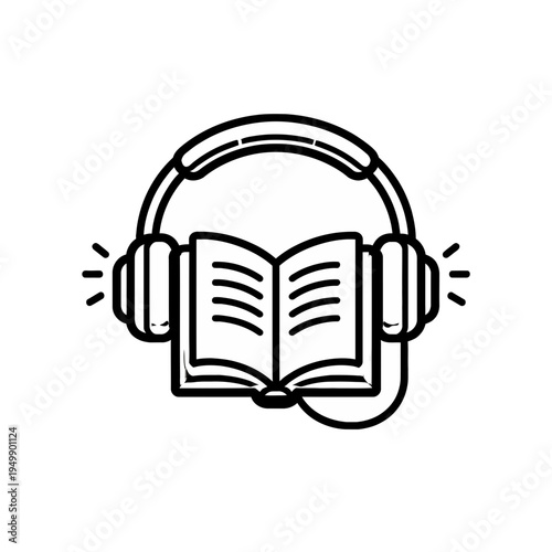 Audiobook icon representing listening to books with headphones and an open book, perfect for digital libraries and education