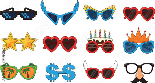 Funny novelty sunglasses collection party glasses with shapes and decorations vector illustration