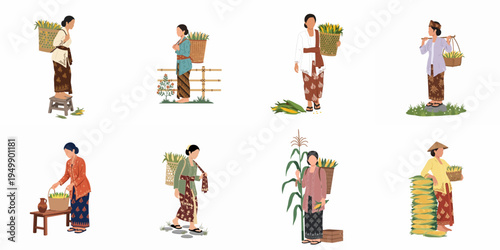 Illustration collection of Indonesian Javanese women in traditional kebaya and batik sarongs harvesting corn, shown in various agricultural activities on white background.
